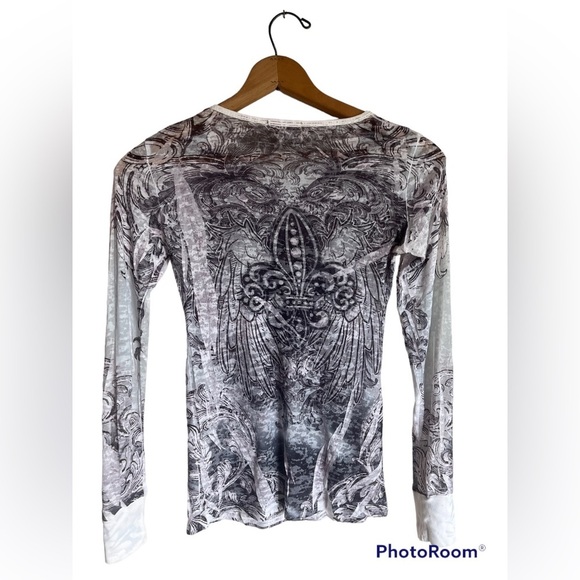 PARTY Sheer Women’s Fleur De Lis Rhinestone Burnout Long Sleeve Top Goth Concert - Picture 7 of 17